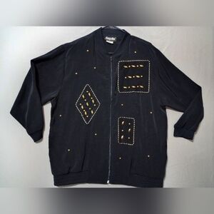 Vtg Gepetto Women's Jacket L Black Gold Sequin Long Sleeve Shoulder Pads Zip Up